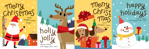 Merry Christmas and happy new year with Santa Claus, deer and dog. Holiday cartoon character in winter season. -Vector