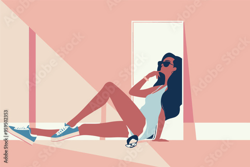Chic Casual: A Woman in Sunglasses and Sneakers