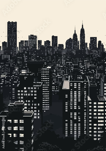 Cityscape at Night: Tall Buildings and Skyline Silhouette