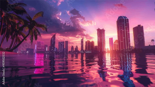 Cityscape at Sunset with Reflections on Water