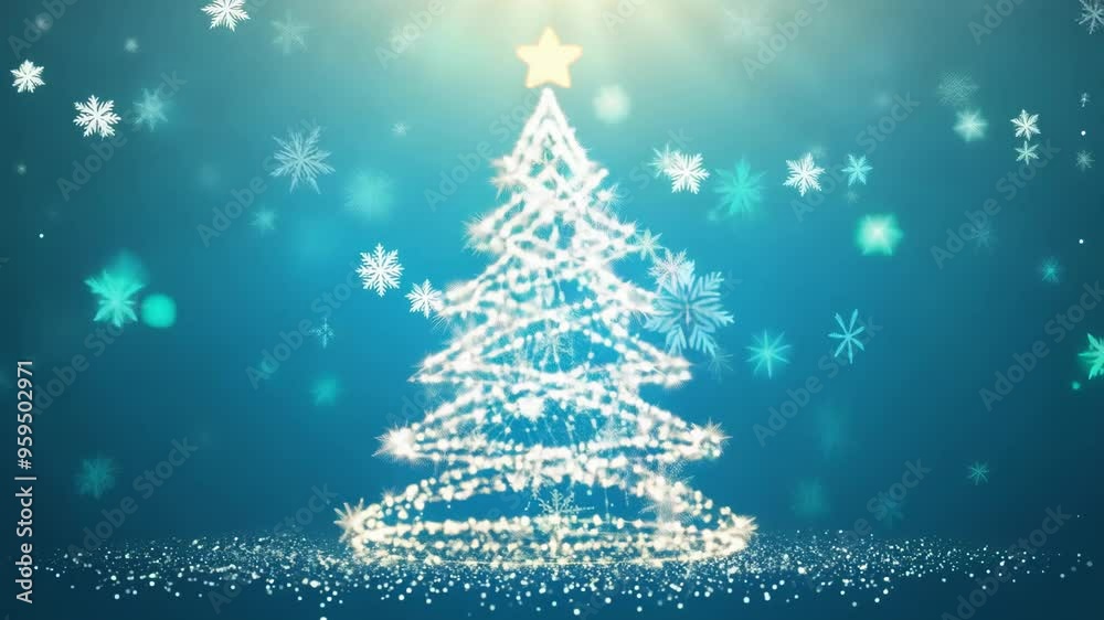 Stylized Glowing Christmas Tree with Snowflakes on a Festive Background