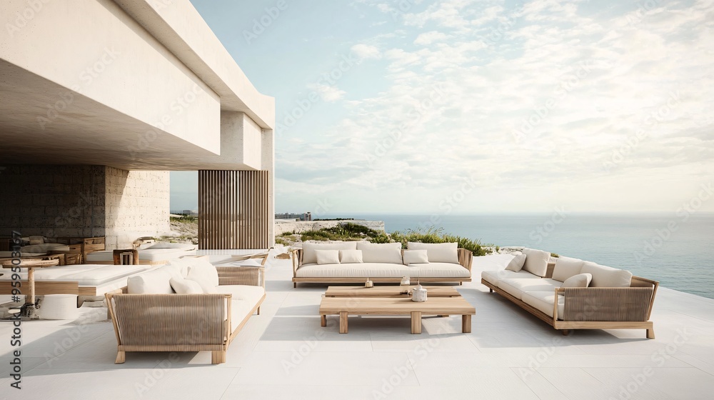 Modern outdoor lounge area with stylish seating overlooking a serene ocean view, perfect for relaxation and leisure. Modern outdoor lounge area with stylish seating overlooking a serene ocean view, perfect for relaxation and leisure.