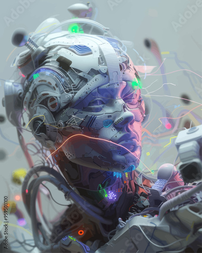 Cybernetic Head with Neural Connections and Glowing Circuits