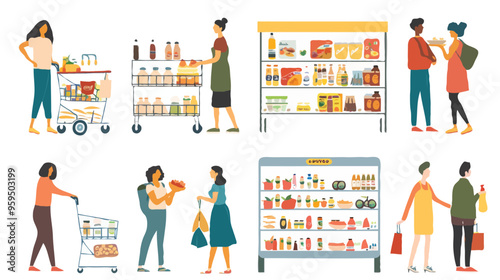 Set of different customers in a grocery store. People make purchases of food and drinks. Routine and household chores concepts. Vector flat illustrations on a white background
