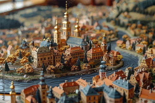 Detailed miniature model of a European cityscape with intricate architecture and a river, showcasing a blend of historical and modern elements