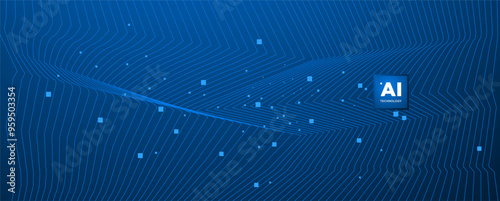 Abstract AI circuit board background. Technology connected blue lines with electronics elements on tech. Computer motherboard with a chip, processor, and semiconductor. Digital vector illustration