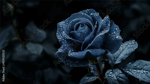 Droplet-covered blue rose in a dark garden setting