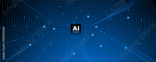 Abstract AI circuit board background. Technology connected blue lines with electronics elements on tech. Computer motherboard with a chip, processor, and semiconductor. Digital vector illustration