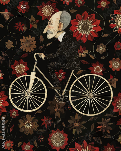 Elderly Man Riding Bicycle Amidst Vibrant Flower Pattern