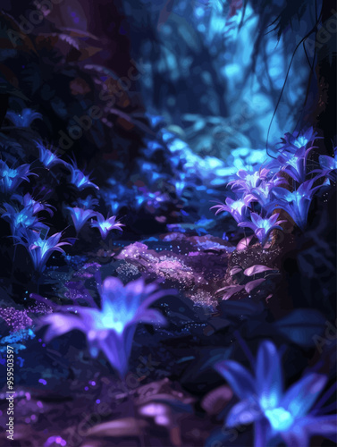 Enchanted Forest Path at Night: Luminous Blue Flowers and Purple Glittering Mist
