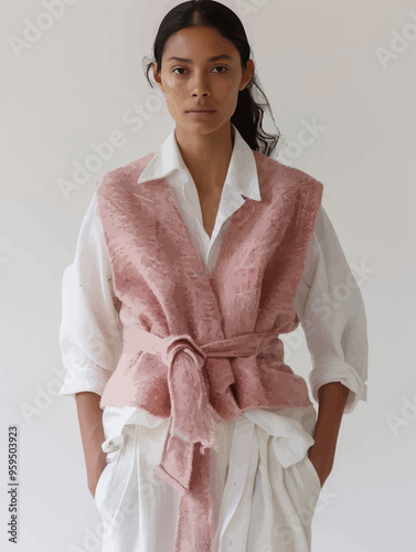 Fashionable Pink Vest Over White Blouse with Tied Sleeves