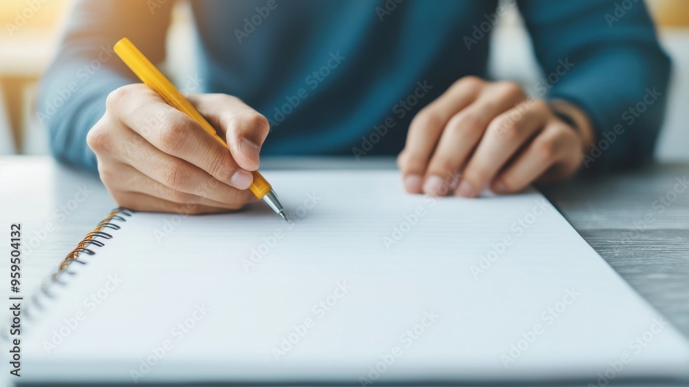 A person writing in a blank notebook with a yellow pencil, capturing the essence of creativity and inspiration. A person writing in a blank notebook with a yellow pencil, capturing the essence of creativity and inspiration.