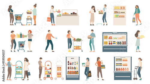 Set of different customers in a grocery store. People make purchases of food and drinks. Routine and household chores concepts. Vector flat illustrations on a white background