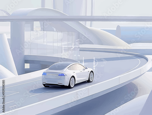 Futuristic Electric Car on Curved Highway