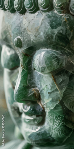 Green Buddha Statue with Water Droplets