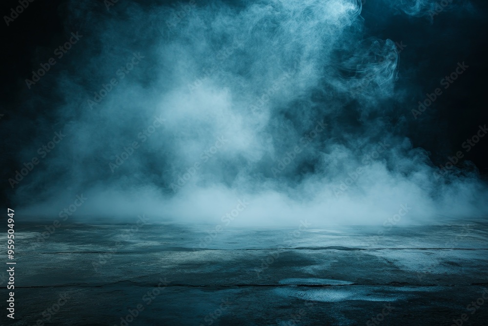 A dark blue, textured concrete floor with light smoke floating above, creating an abstract, mysterious, and moody atmosphere. A dark blue, textured concrete floor with light smoke floating above, creating an abstract, mysterious, and moody atmosphere.