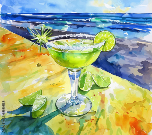 Lime Margarita with Slice and Lime on the Beach