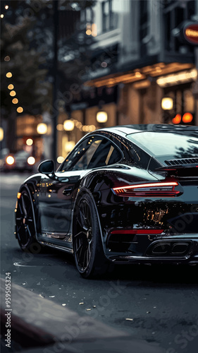 Luxury sports car on city street at night