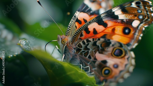 Close-up of a butterfly resting on a plant, with detailed textures of the butterflya??s wings and the planta??s leaves, captured in high-definition clarity photo