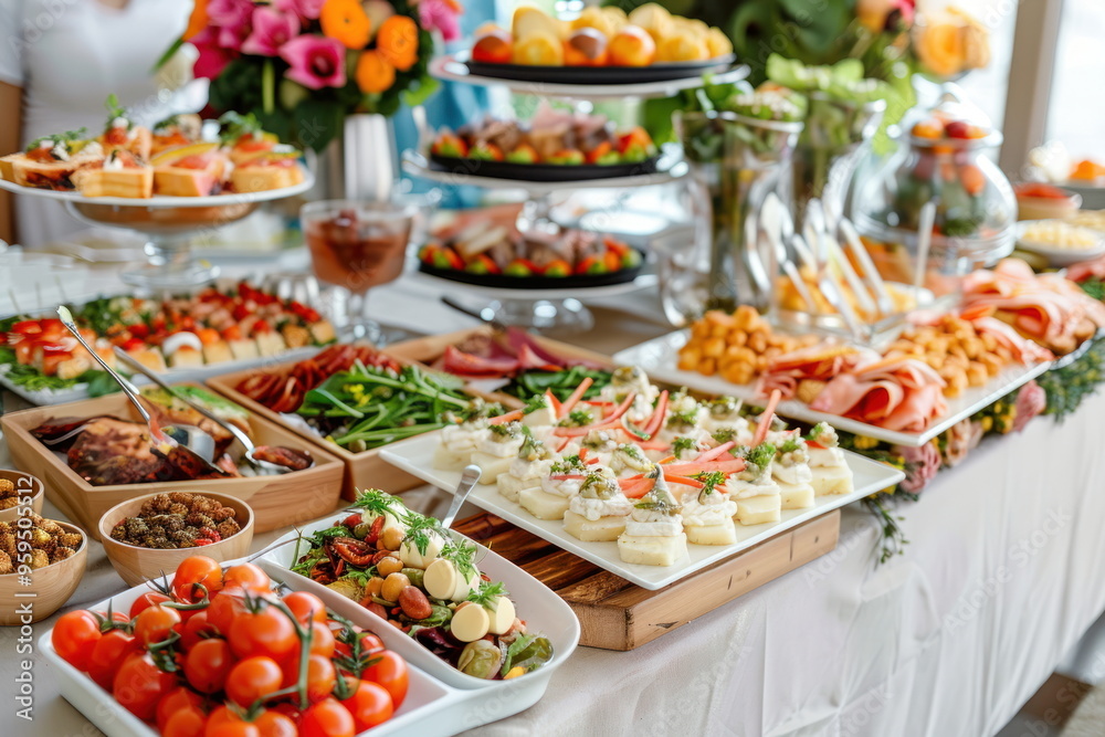 Buffet food catering food party at restaurant mini canapes snacks and appetizers Buffet food catering food party at restaurant mini canapes snacks and appetizers