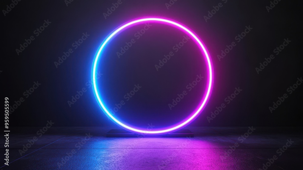 A vibrant neon circle glowing in pink and blue light, set against a dark background, creating a modern and futuristic ambiance.