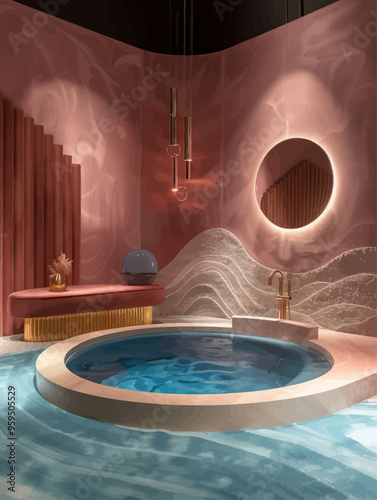 Modern Bathroom with Circular Pool and Abstract Wall Decor