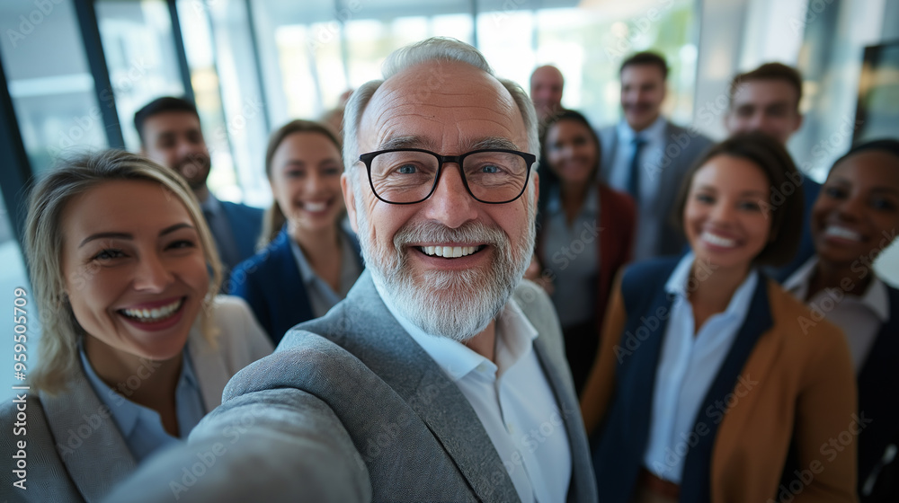 Attractive senior businessman taking a selfie with a diverse group of smiling people at a conference in the office Attractive senior businessman taking a selfie with a diverse group of smiling people at a conference in the office