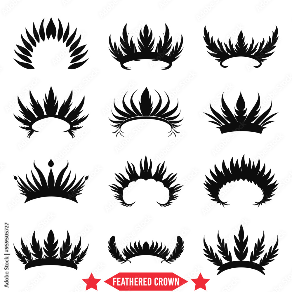 Majestic Adornments Feathered Crown Vector Set for Royal Graphics Majestic Adornments Feathered Crown Vector Set for Royal Graphics