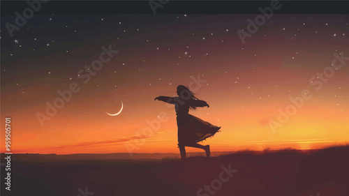Moonlit Silhouette: A Woman's Journey Under the Stars