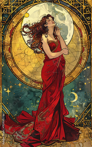 Mystical Night: A Woman in a Red Dress Gazes at the Moon