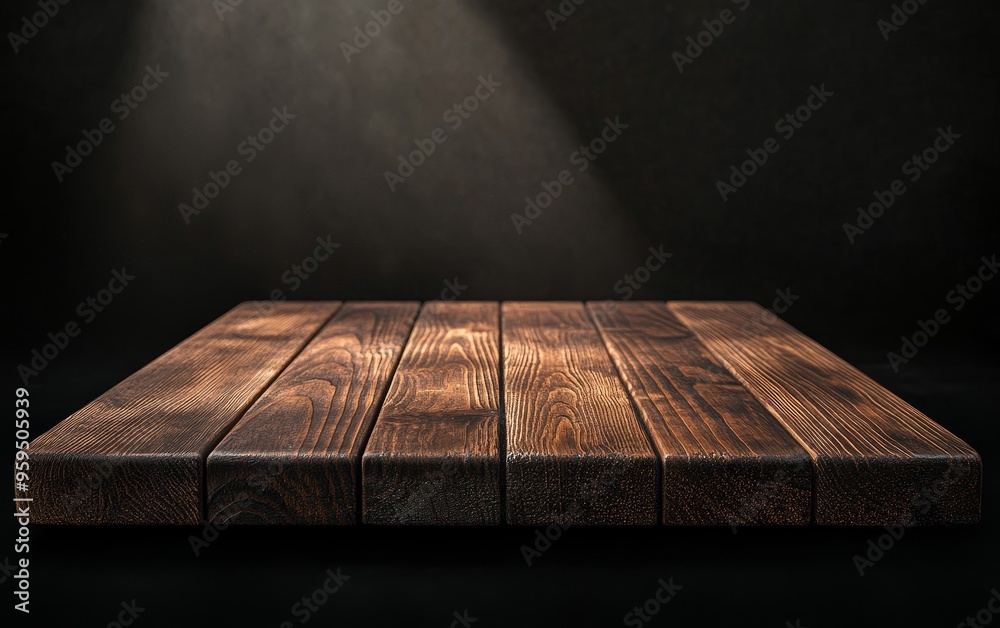 Rustic wooden table top isolated on black background with spotlight. Rustic wooden table top isolated on black background with spotlight.
