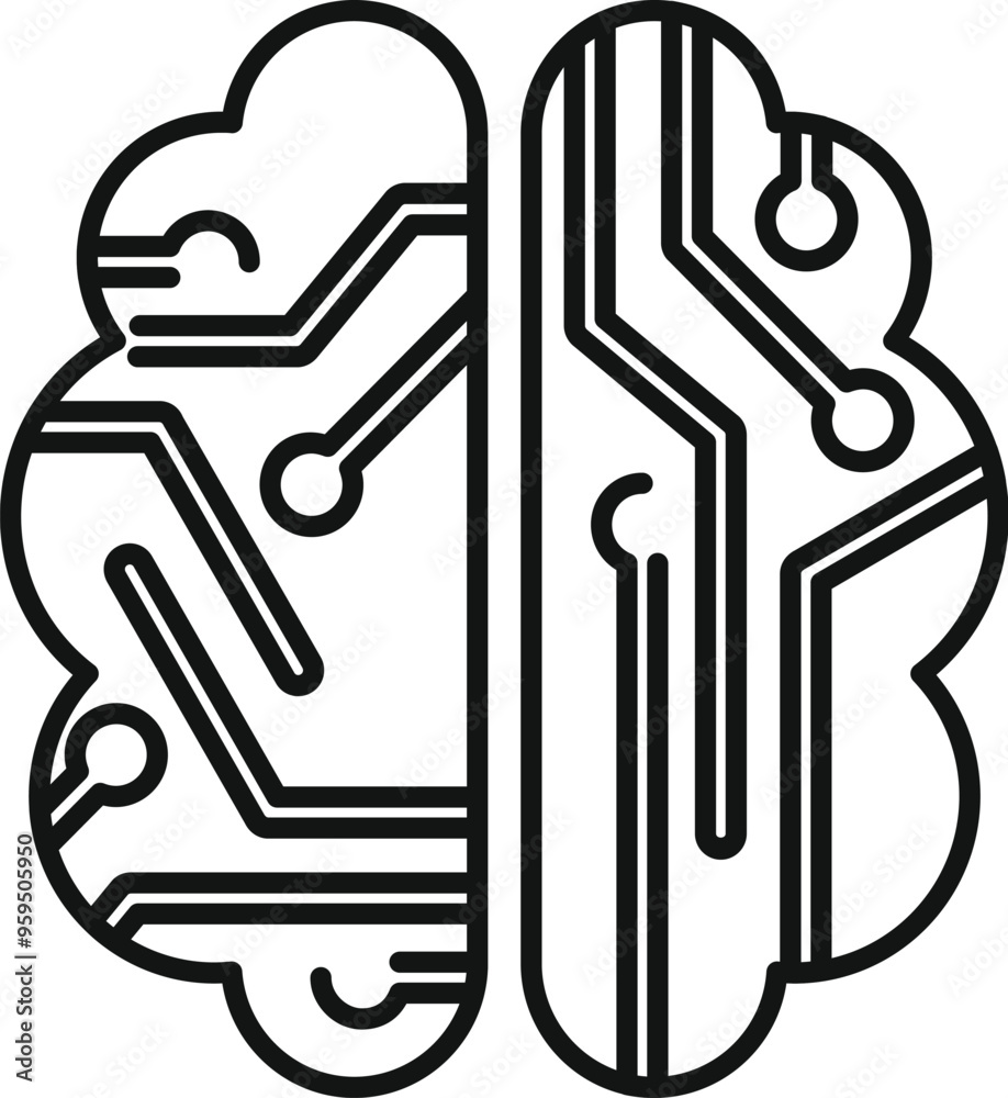 Obraz na plátně Line art vector icon of a brain with circuits, representing the concept of artif