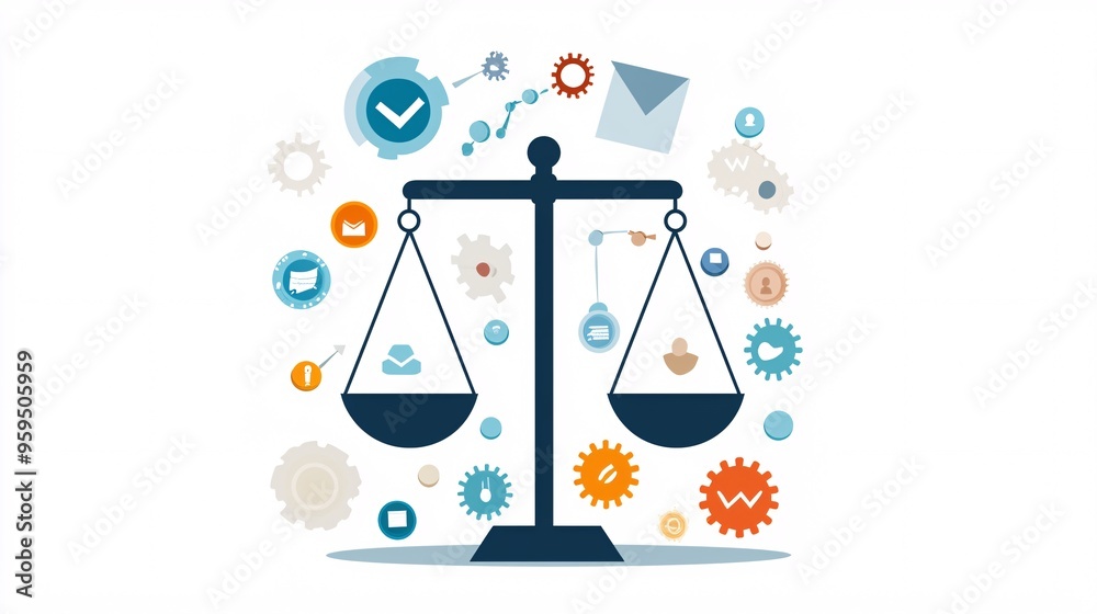 Illustration of a balance scale weighing different economic policies, concept of fiscal responsibility and economic balance Illustration of a balance scale weighing different economic policies, concept of fiscal responsibility and economic balance
