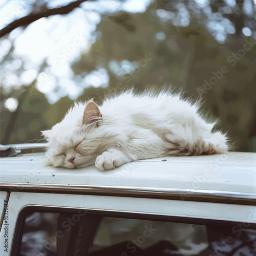 Peaceful Sleep: A White Cat Naps on a Car Roof