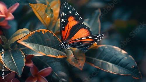 Close-up of a butterfly resting on a plant, with detailed textures of the butterflya??s wings and the planta??s leaves, captured in high-definition clarity photo