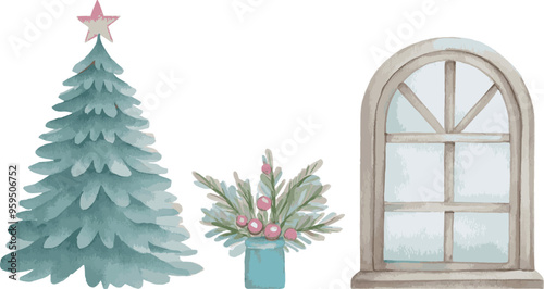 クリスマス　飾り　クリスマスツリー　プレゼント　水彩　手描き　かわいい　イラスト素材セット