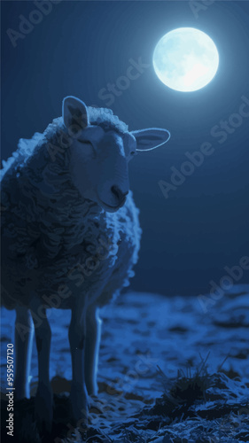 Sheep gazing at the full moon under a starry sky