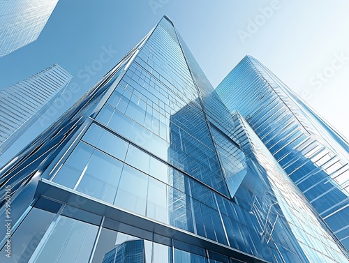 Low angle view of modern glass skyscraper reflecting the blue sky.