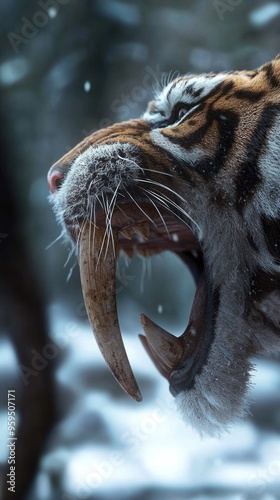 Ancient feline: The saber-toothed tiger, an iconic and extinct predator with distinctive saber-like teeth, representing the mysterious and fearsome creatures that once roamed prehistoric landscapes. photo