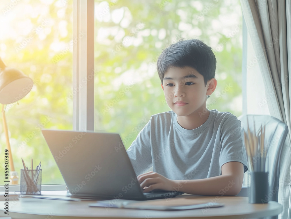 Cute asian boy using laptop computer at home. Education concept. Cute asian boy using laptop computer at home. Education concept.