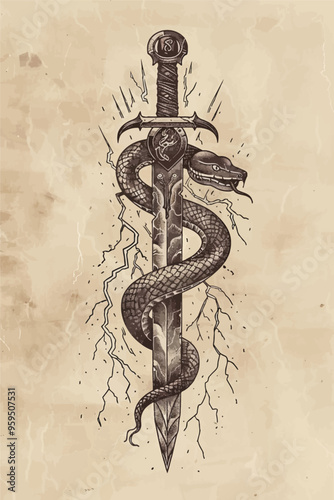 Snake-like Staff with Lightning Bolts and Snake