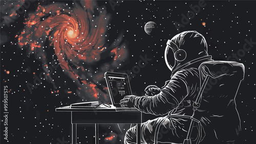 Space Exploration: Astronaut Operating Laptop in Orbit