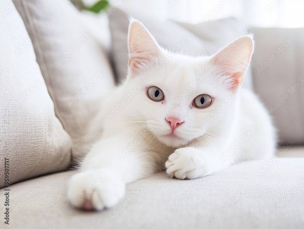 Cute white lazy cat relaxing on sofa with sunlight. Cute white lazy cat relaxing on sofa with sunlight.