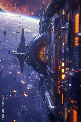 Spacecraft with futuristic design and glowing lights, set against a backdrop of a planet with rings and moons