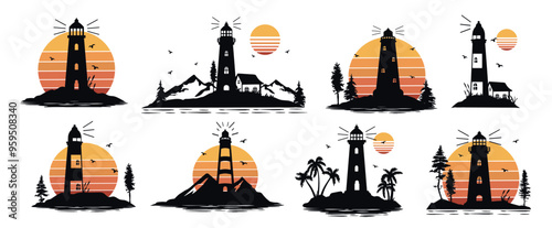 collection of silhouettes with orange sun and lighthouses on a background of trees, palms and mountains vector. Silhouette of landscapes with lighthouses vector