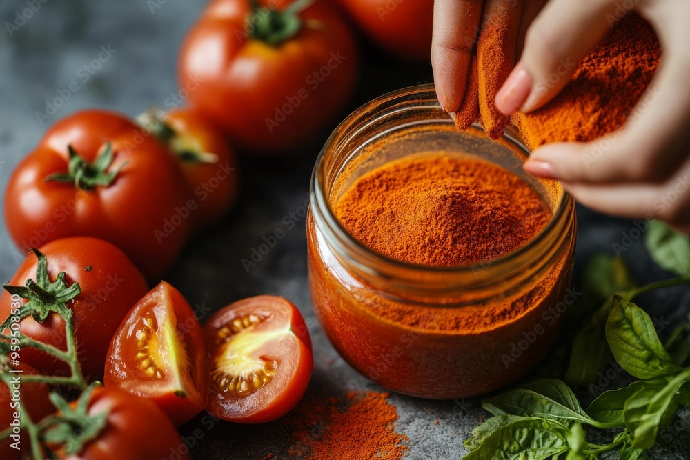 Tomato powder and tomato , Concept of Tomato extract , Generative AI