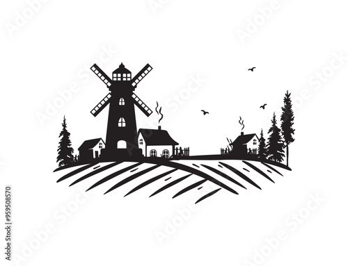 landscape of a village with a mill vector silhouette. Field with mill vector silhouette