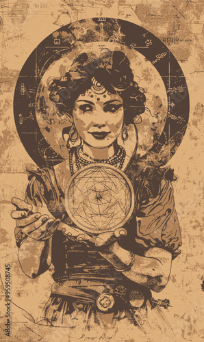 Vintage-style illustration of a woman with a compass and a star chart, possibly a witch or a mystic, set against a textured background with a vintage paper texture.