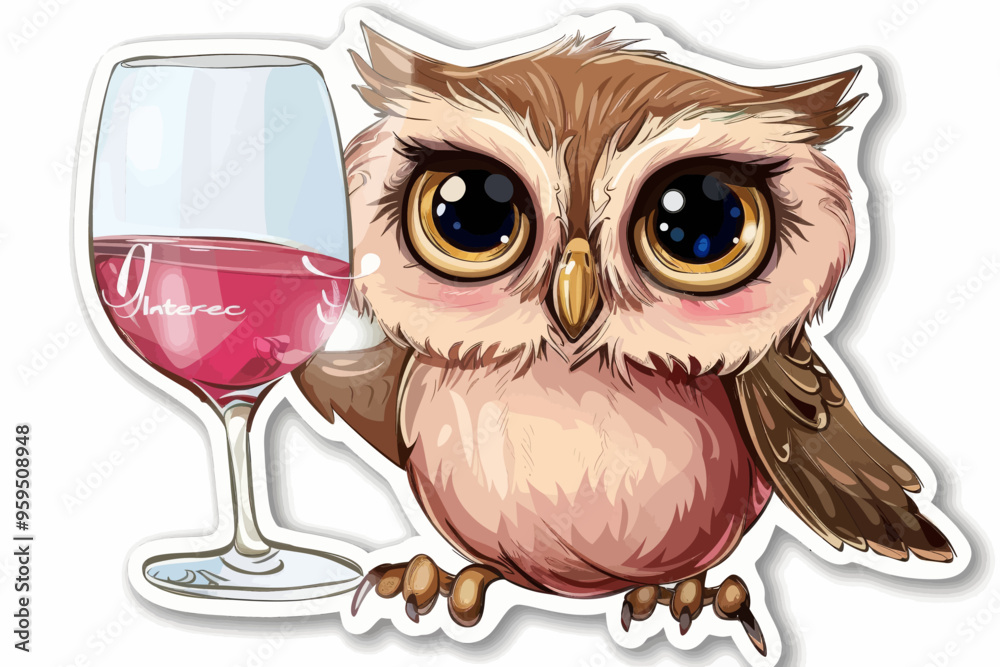 Whimsical Owl Sticker with Wine Glass