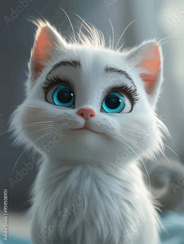 Whimsical White Cat with Blue Eyes and Pink Nose